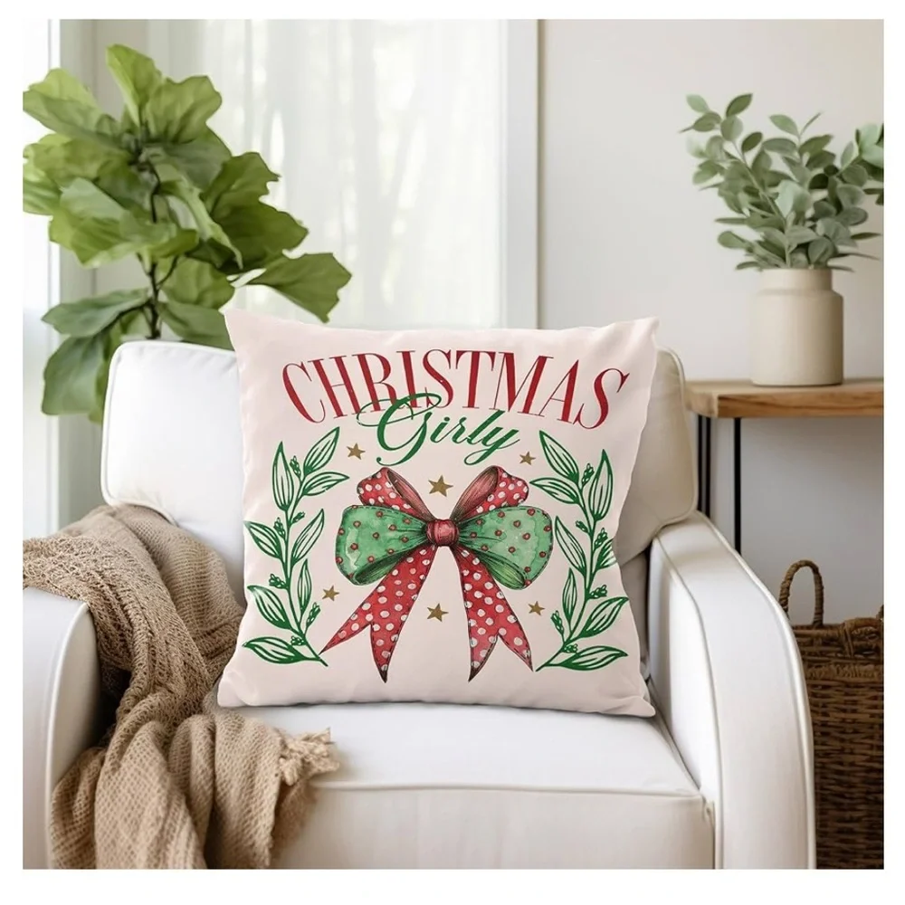 Christmas Girly 2-Pillow Covers,2- 18x18, Red and Green Christmas Bow Decorative